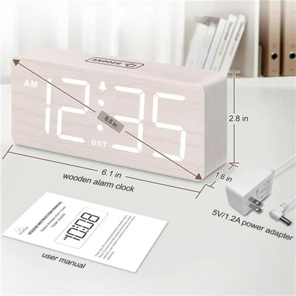Wooden digital alarm clock large numbers loud alarm dimmer bedside plug in desk